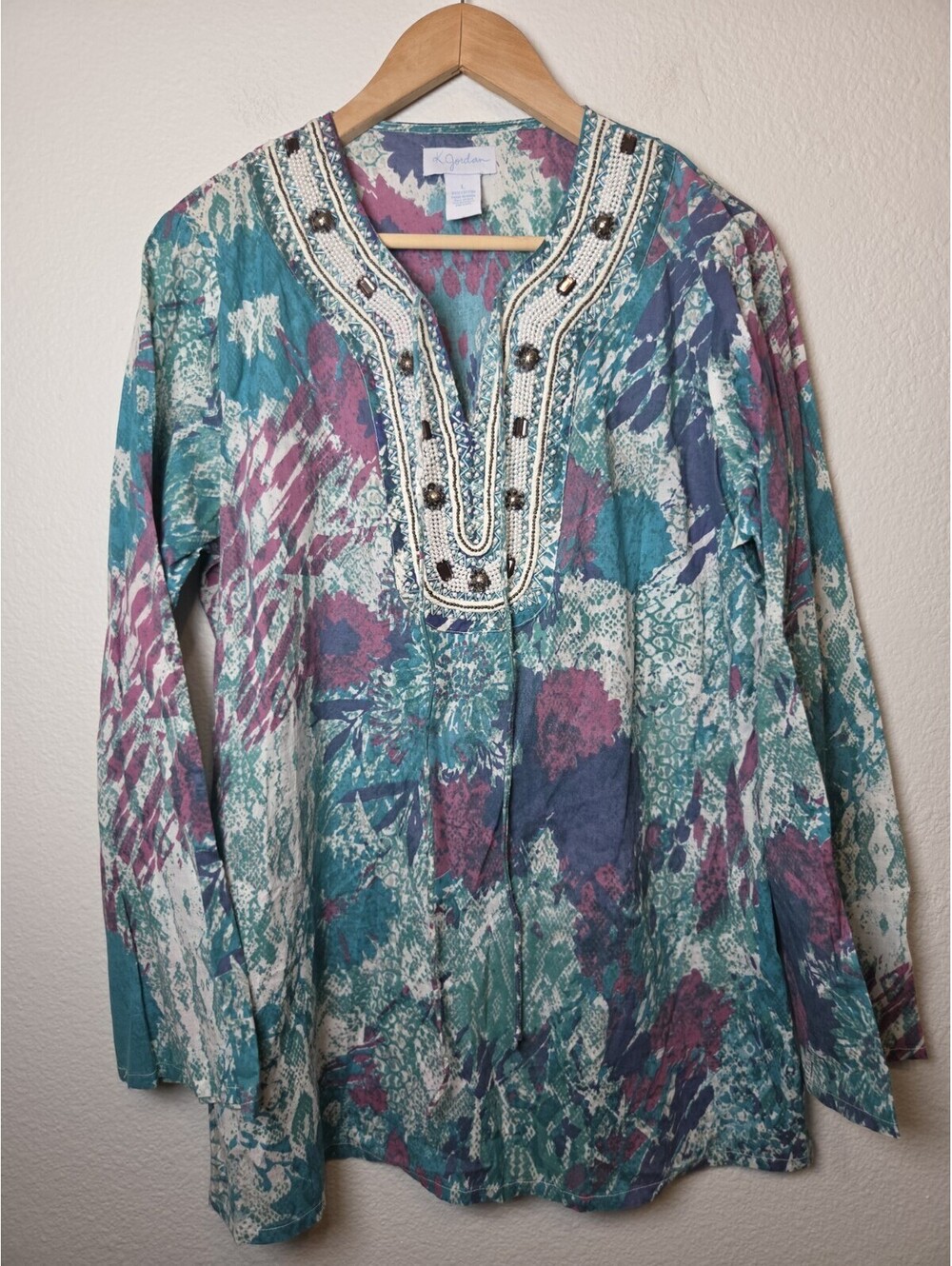 K Jordan Womens L Green multicolor Floral 3/4 Sleeve Maddalena Embroidery Tunic